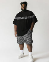 Men's Plus Size Black Stripe Letter Patchwork Print Short Sleeve T-Shirt Shorts Suit